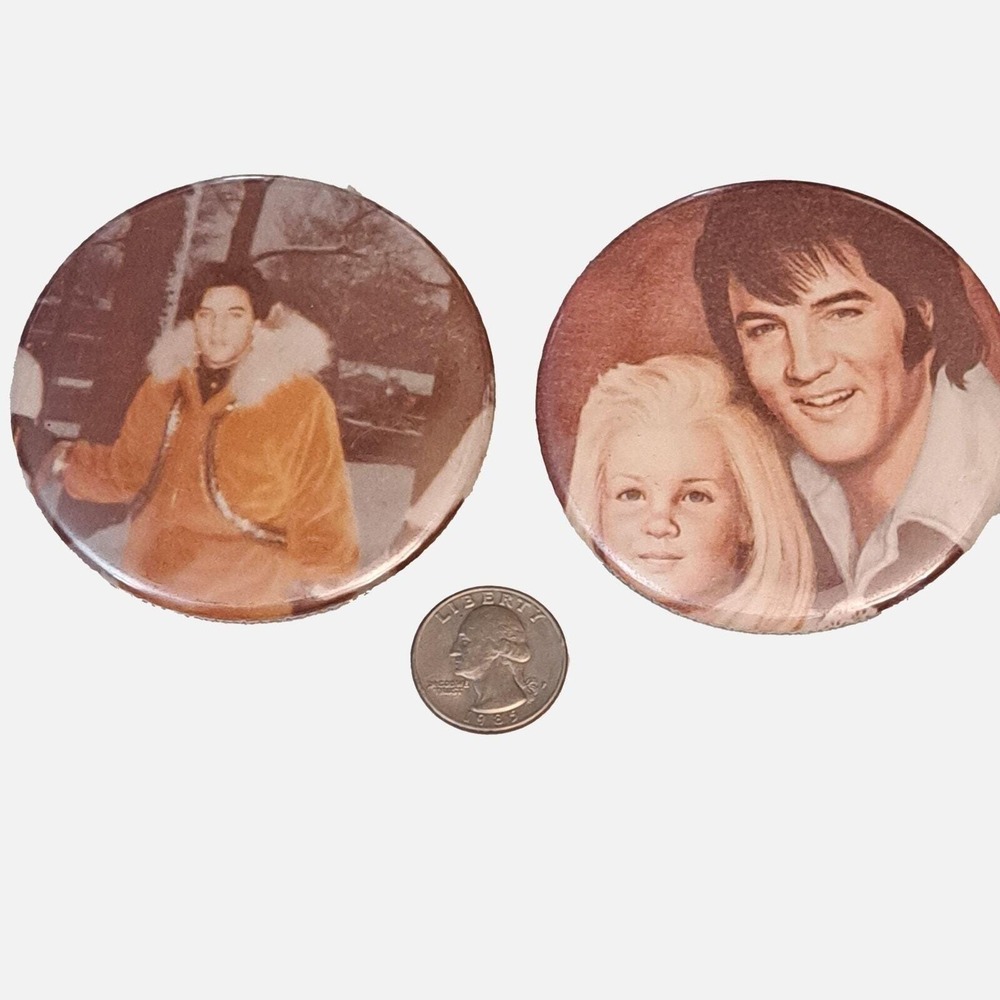 2 Vintage Elvis Presley Button Pins 3 Inch 1970s Rock N Roll Pinbacks VTG Set